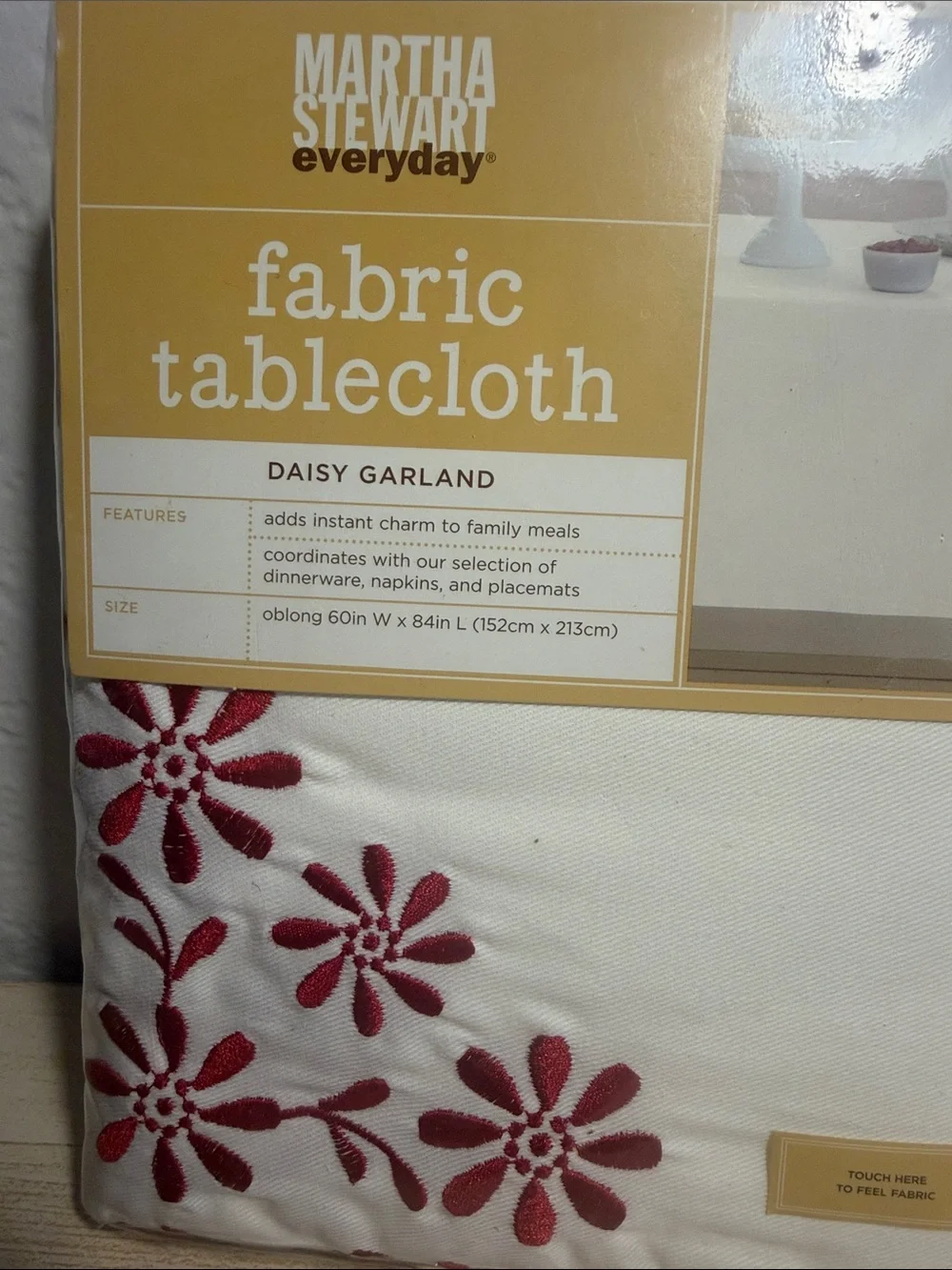 Martha Stewart  Daisy Garland Tablecloth - Cream with Red Embroidery 60inx84in